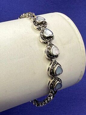 VTG .925 Art Deco Style Abalone Hearts & Marcasite Bracelet